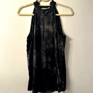 GO By GoSilk L Sleeveless Black Tie-Dye Top, Ruched Collar, Half Zip 100% Silk